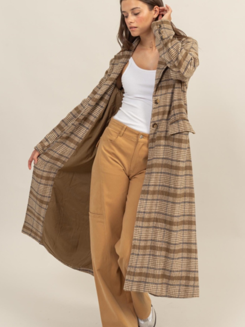 HYFVE Tan Plaid Long Trench Coat